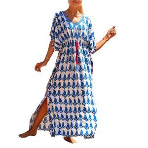 Plus Size Kaftan Dress Drawstring Waist Cover Up Long Boho Beach Resort Wear